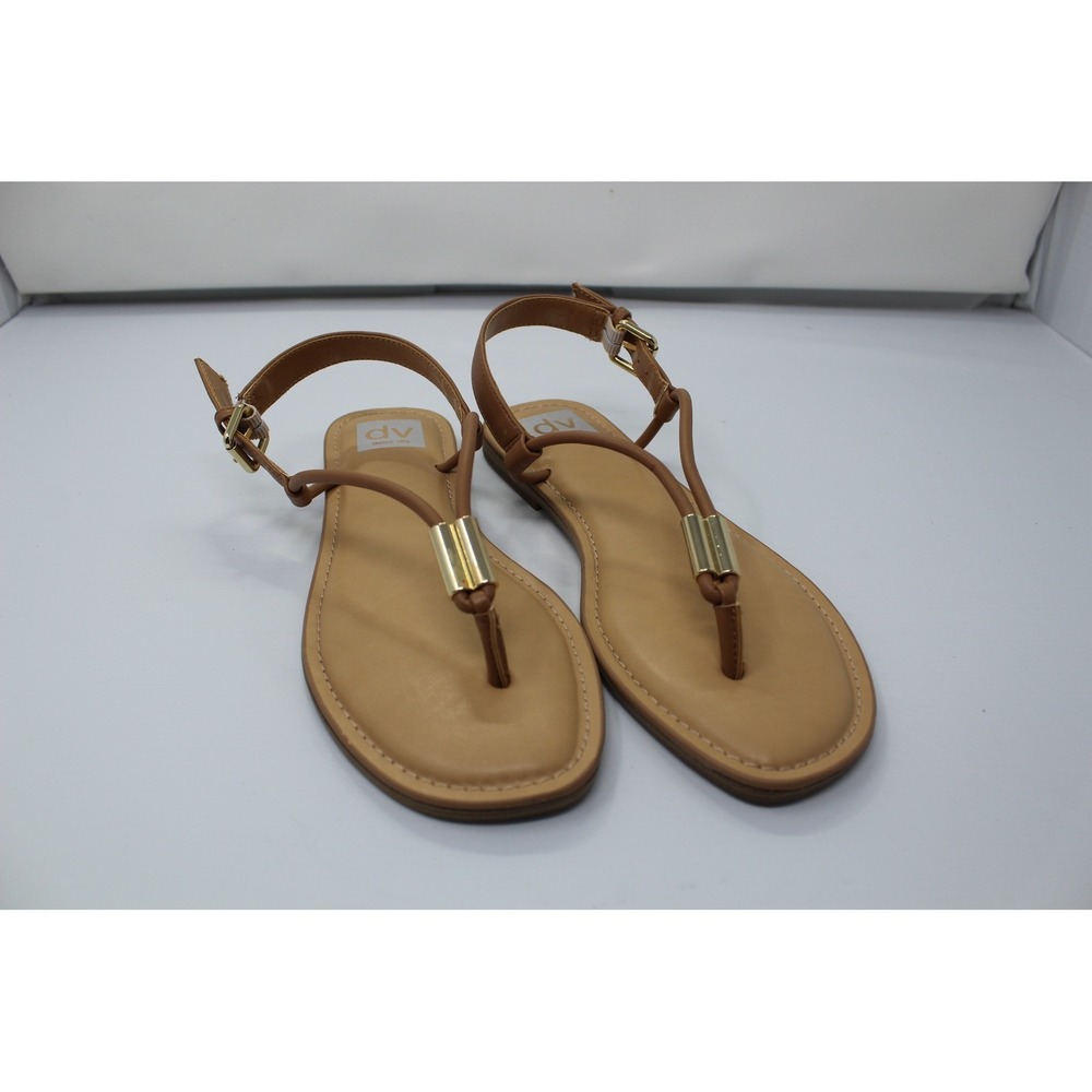 DV Dolce Vita Womens T-Strap Flat Sandals Cognac Brown Gold Hardware